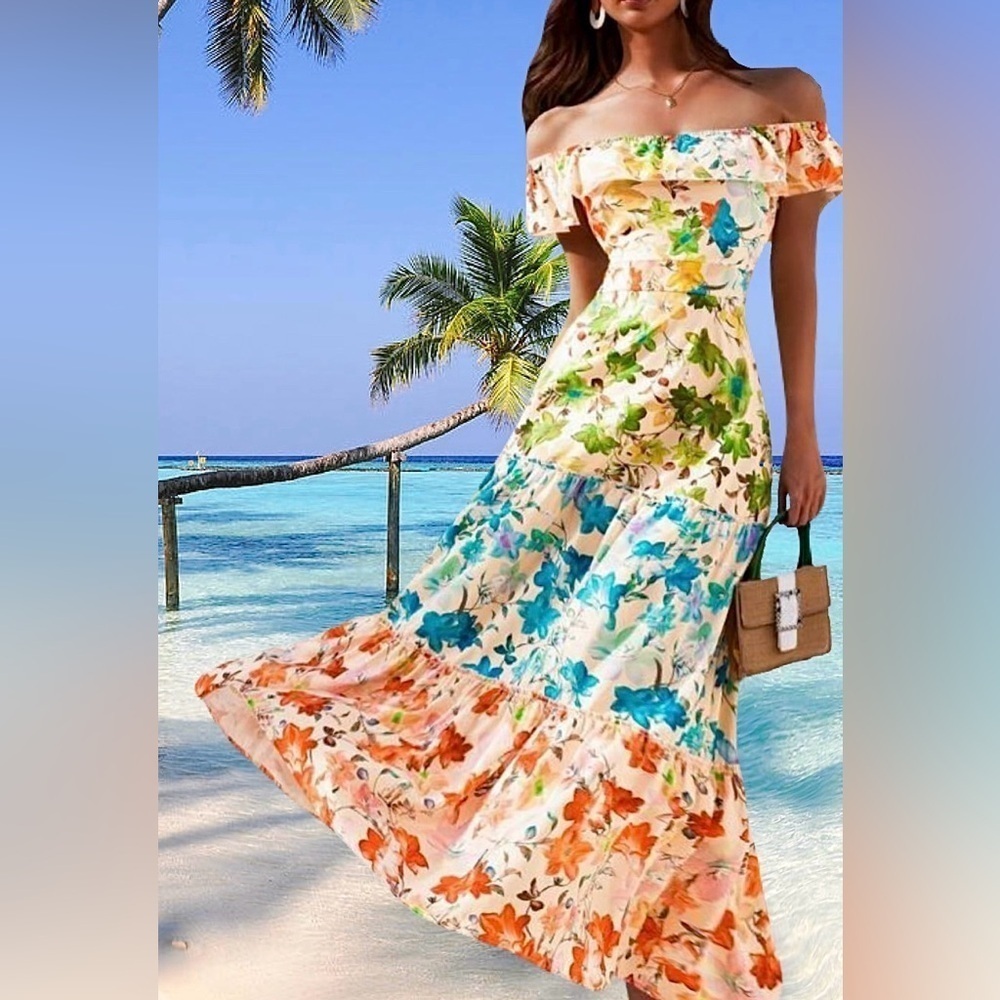 Key Largo Bohemian Off the Shoulder Floral Ruffle Hem A-Line Long Dress